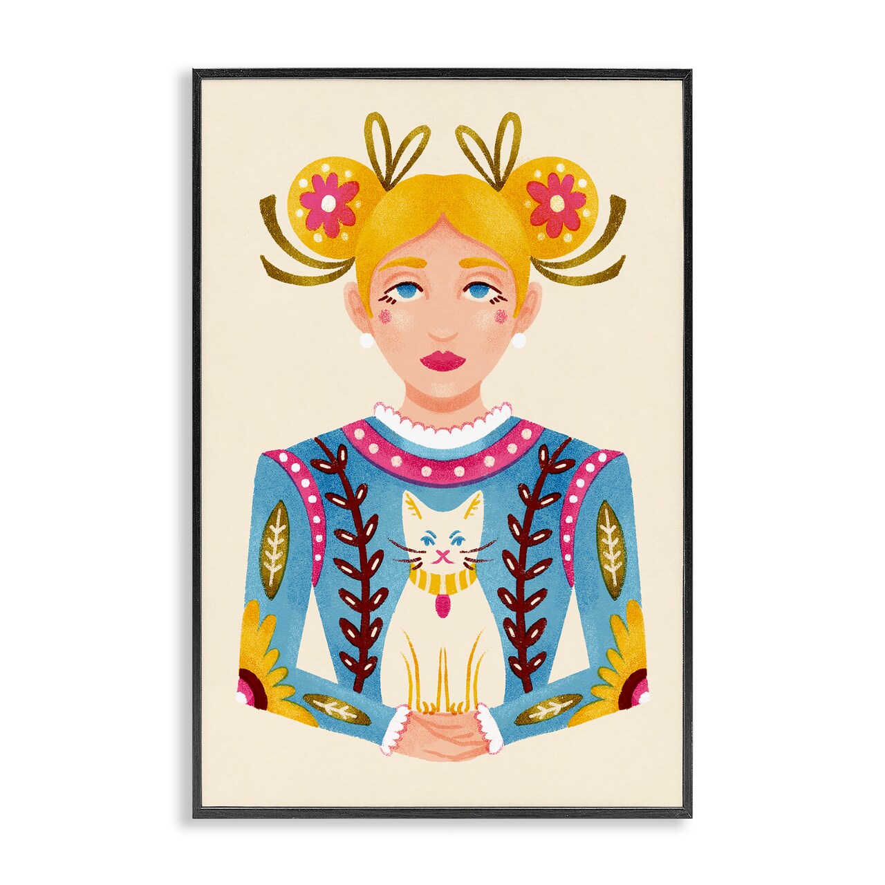 Stupell Industries Blonde Folk Girl with Cat Framed Giclee Design by Hannah Moren